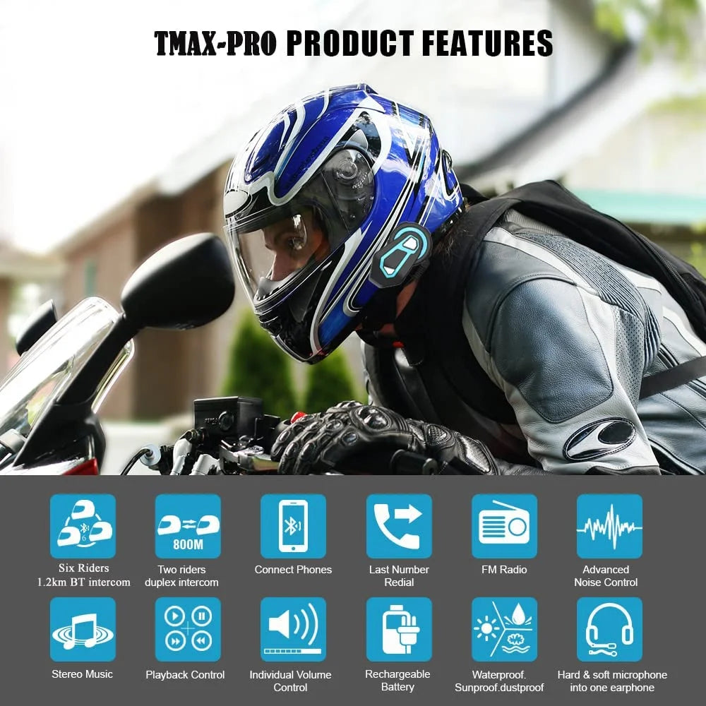 2PCS Motorcycle Bluetooth Intercom System for Helmet 6 Riders 1500M X580220