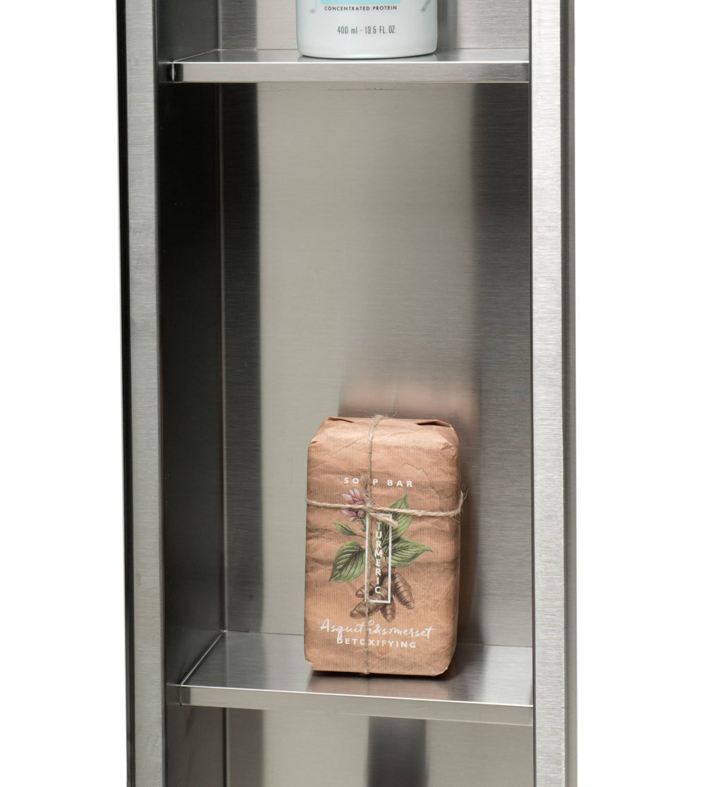 Brushed Stainless Steel 8 x 36 Vertical Triple Shelf Bath Shower Niche F64611