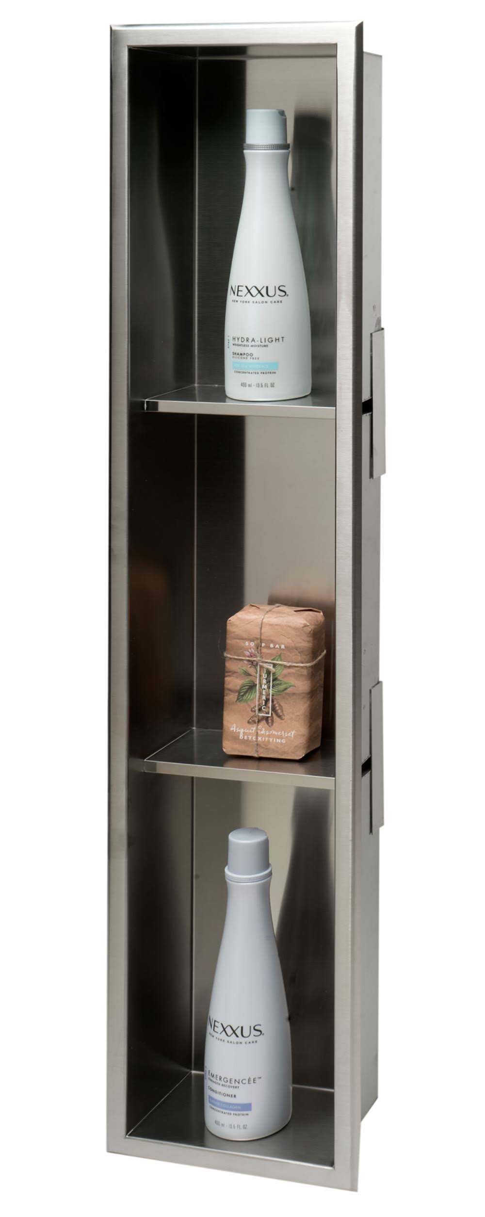 Brushed Stainless Steel 8 x 36 Vertical Triple Shelf Bath Shower Niche F64611