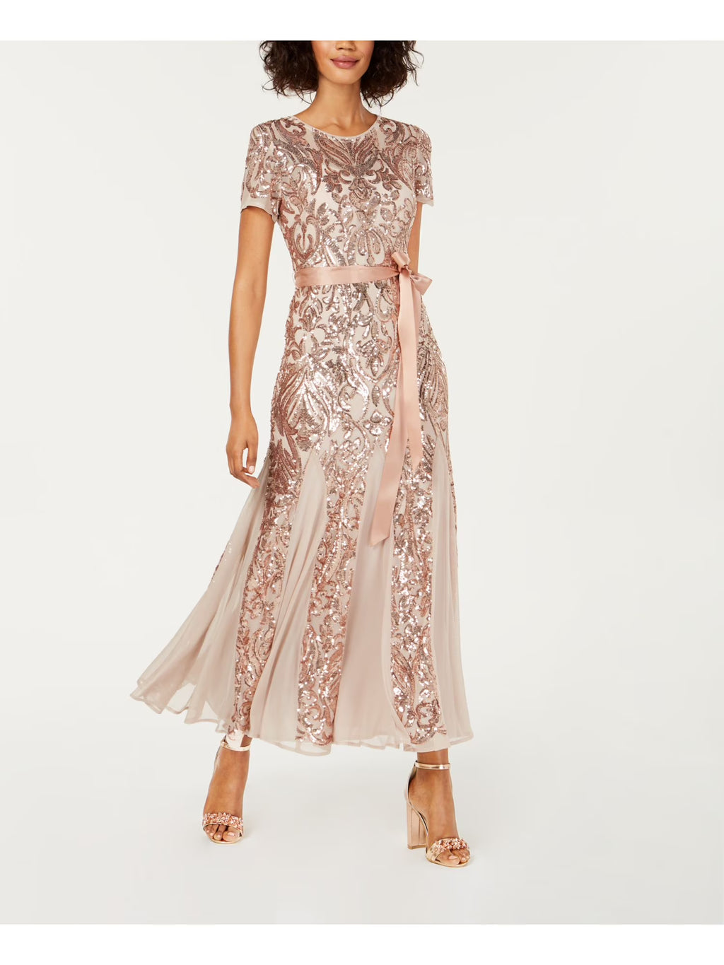Beige Sequined Belted Patterned Short Sleeve Jewel Neck Midi Fit + Flare Dress Petites 8P X6438