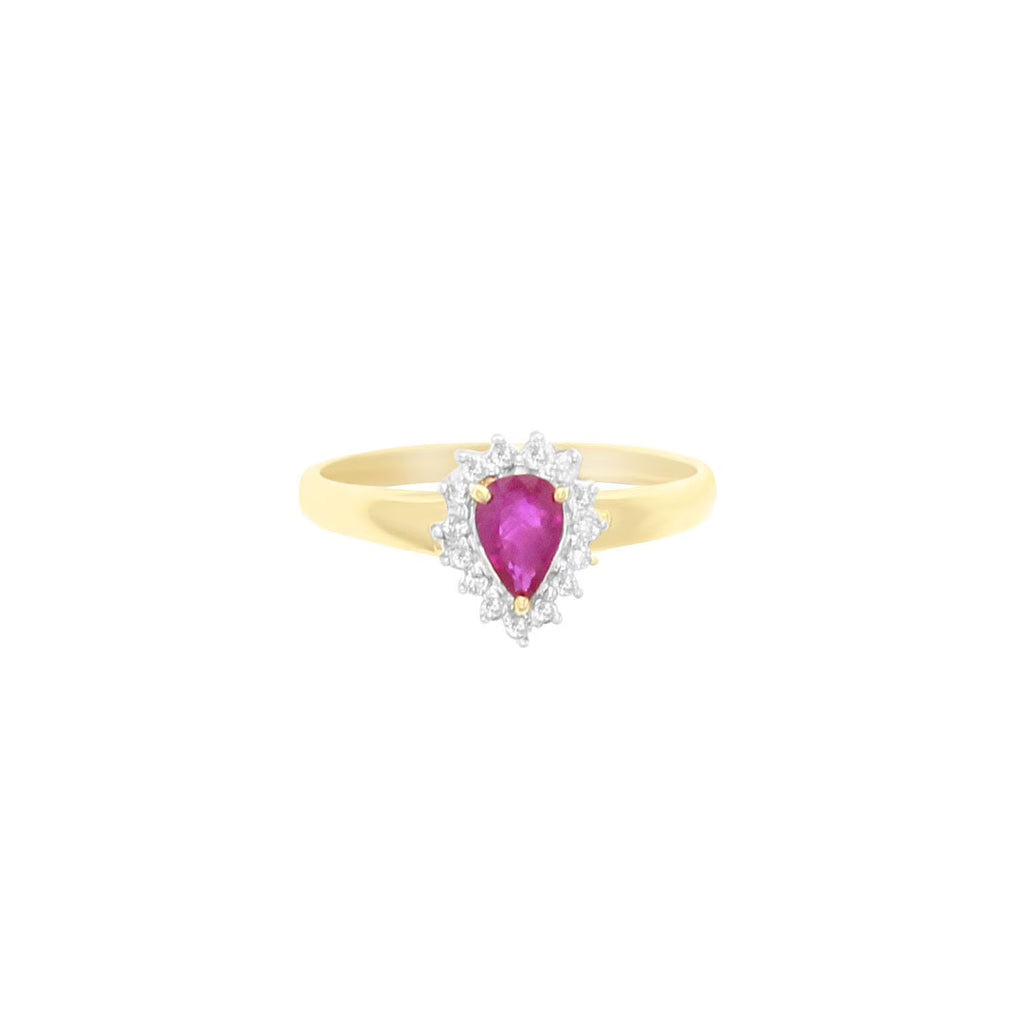 Pear Shaped Ruby Diamond Halo Engagement Ring 14K Yellow Gold L23237