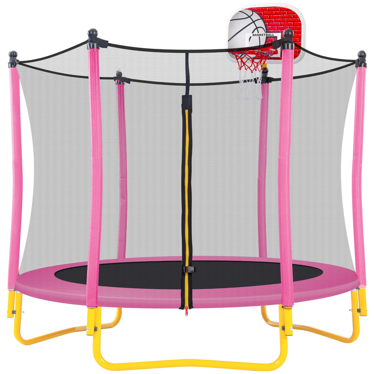 Pink Round Mini Toddler Trampoline with Enclosure and Basketball Hoop H358204