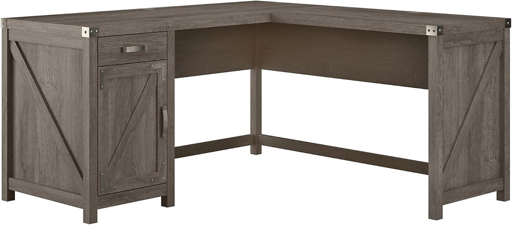 60W Cottage White L Shaped Desk with Drawer and Storage Cabinet V96068