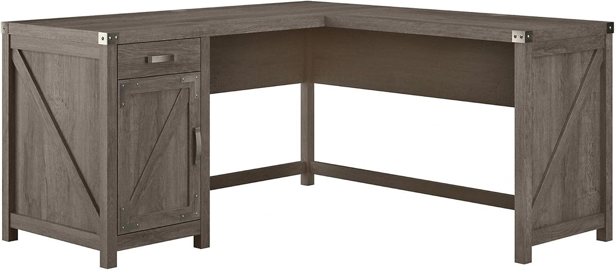 60W Cottage White L Shaped Desk with Drawer and Storage Cabinet V96068