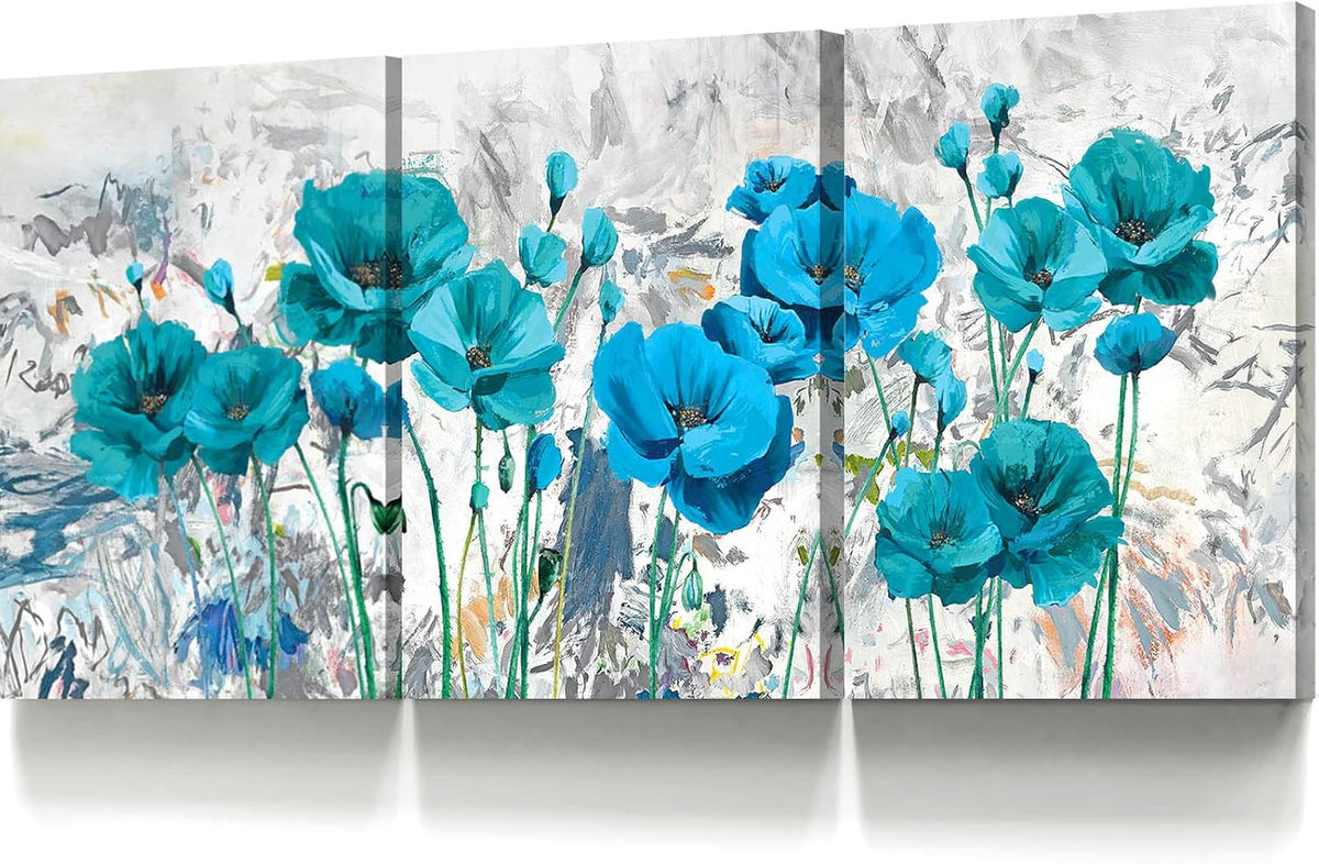 Teal Blue Gray Black Turquoise Abstract Canvas Painting 36''x16'' W3916