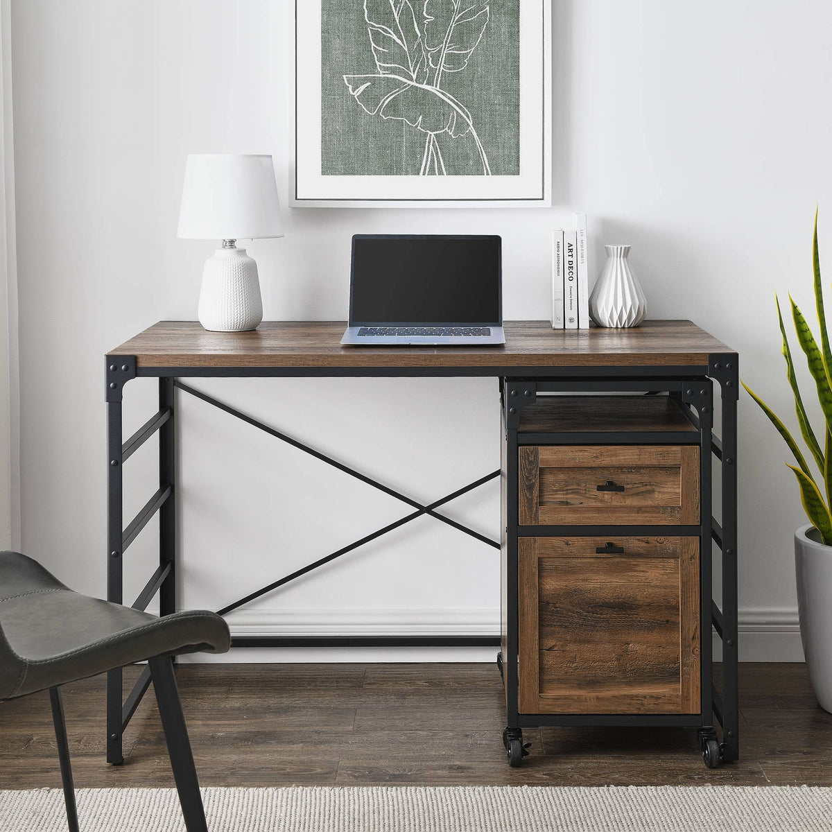 Angle Iron Writing Desk with 2 Drawer Filing Cabinet Reclaimed Barnwood G9208
